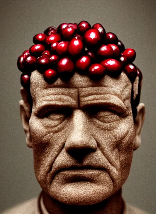 Prompt: cranberries in the shape of bryan cranston's face, cranberry statue, natural light, sharp, detailed face, magazine, press, photo, steve mccurry, david lazar, canon, nikon, focus