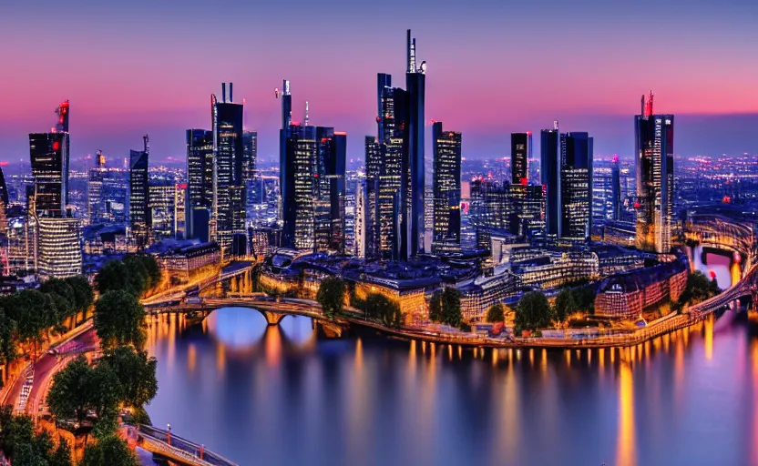 Image similar to frankfurt skyline at sunset, highly detailed, 8 k