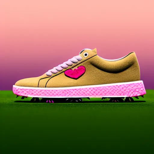 Image similar to a photoshoot for a new golf le fleur shoe designed by travis scott, 8 k concept art, golden hour, vintage, pink skies, cloudy, dreamy, extremely detailed