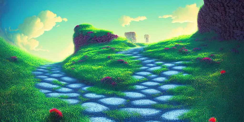 Image similar to curled perspective digital art of curly clouds cobblestone street with wildflowers reaching a stone cliff down to a deep blue sea by anton fadeev