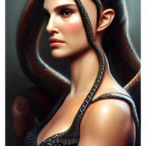 Image similar to Natalie Portman mixed with a snake, very detailed, ultrarealistic, dramatic lighting, electrical details, high details, 4k, 8k, best, accurate, trending on artstation, fur, artstation, photorealism, ultrarealistic, digital painting, style of frank frazetta