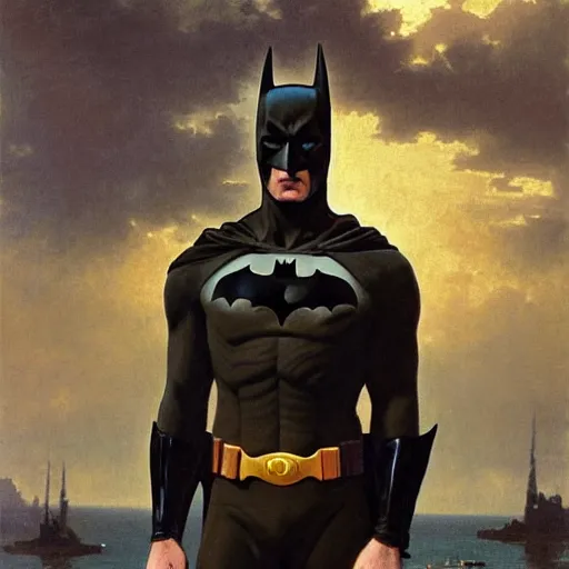 Image similar to Painting of Batman. Art by William Adolphe Bouguereau. During golden hour. Extremely detailed. Beautiful. 4K. Award-winning.