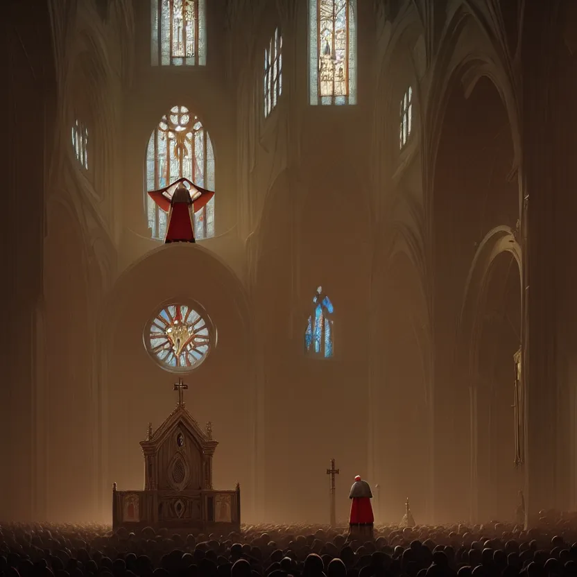 Image similar to pope standing in a curch, digital painting, greg rutkowski, artstation, cinematic, matte painting