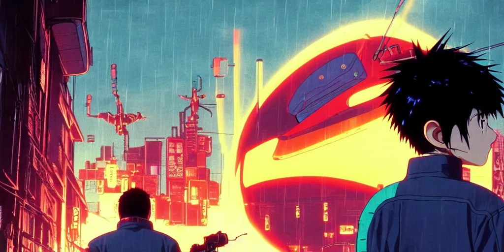 Prompt: twilight lighting, moody, atmospheric, solarpunk, kaneda and his motorcycle from akira, rainy, in the art style of neon genesis : evangelion, 8 0 s anime style, by ghibli studio and victor ngai, ghost in the shell art style, akira artstyle, pixar highly detailed, 8 k h 5 7 6