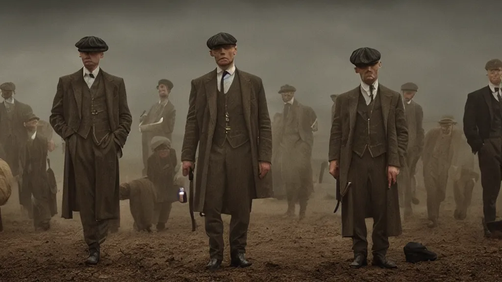 Prompt: the peaky blinders made out of peanuts, film still from the movie directed by denis villeneuve with art direction by zdzis