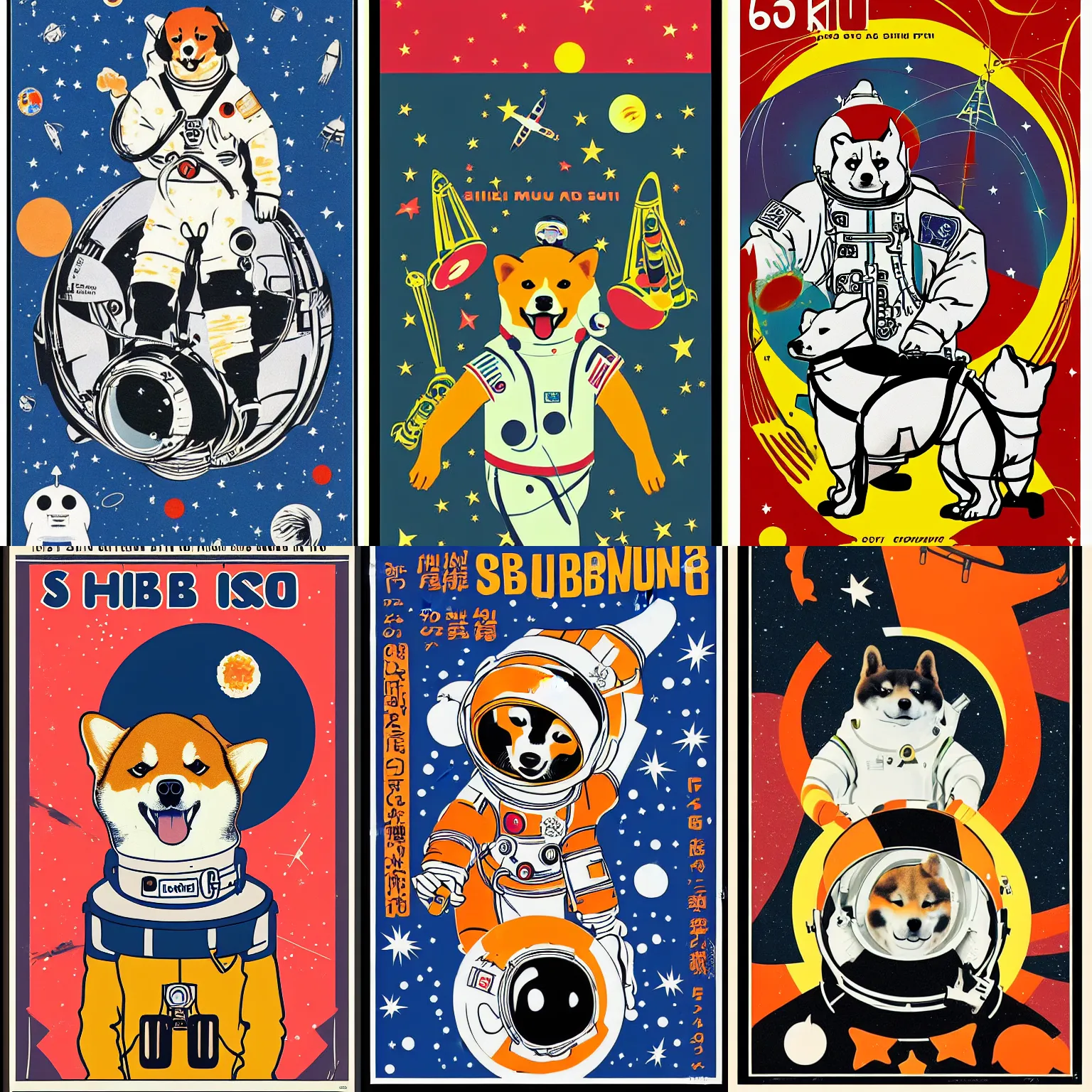 Prompt: Shiba Inu cosmonaut, sputnik , 60s poster, in the style of a music poster 1969