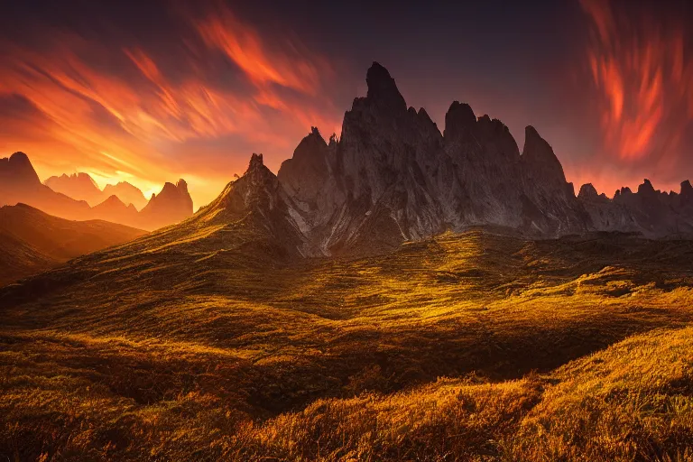 Image similar to A beautiful landscape photography of Ciucas mountains mountains, a dead intricate tree in the foreground, sunset, dramatic lighting by Marc Adamus,