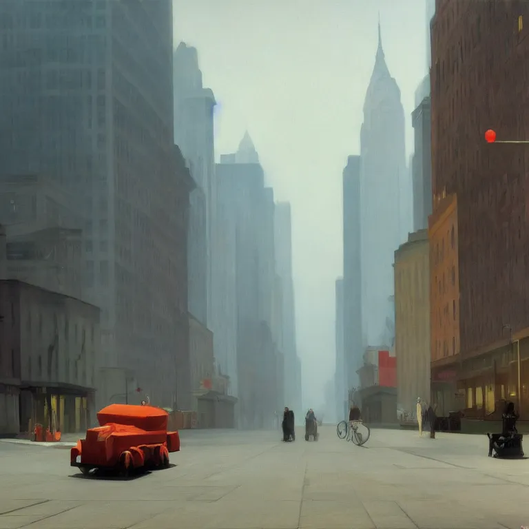 Prompt: streets filled with trash, city fog, early morning, , painted by Edward Hopper, painted by Wayne Barlow, airbrush