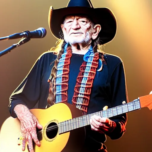 Image similar to willie nelson on stage, four fingers holdingguitar. god rays through fog.