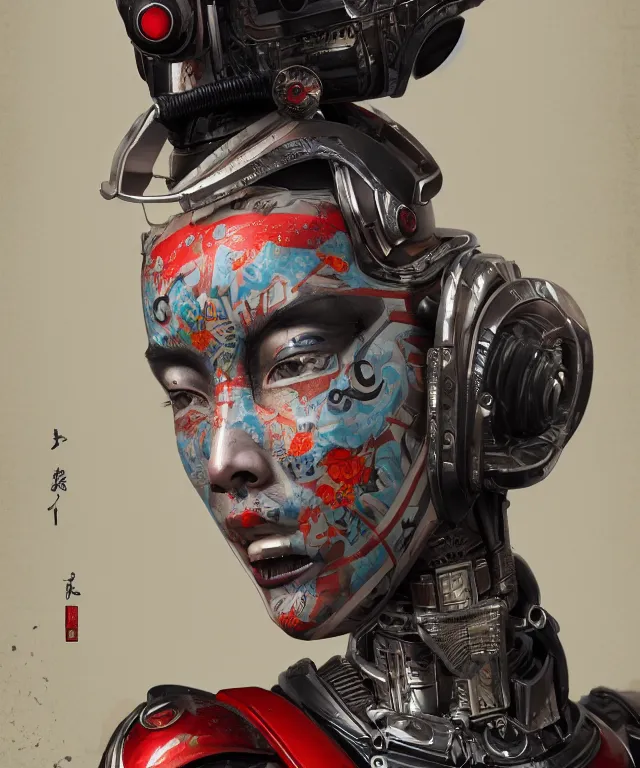 Image similar to an epic fantastic realism comic book style portrait painting of a japanese robotic geisha with kanji tattoos and decals, apex legends, octane render, intricate detail, 4 k hd, unreal engine 5