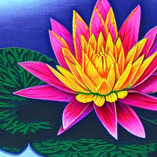 Image similar to a color pencil painting of a waterlily, floral painting, textile