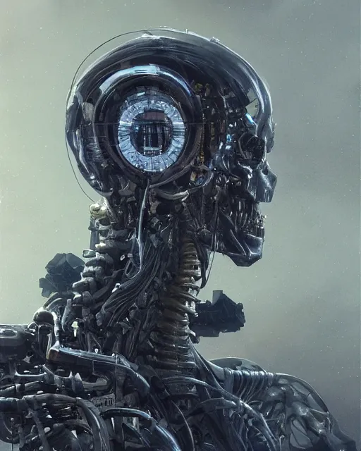 Image similar to skeleton with cybernetic enhancements with some flesh as seen from a distance, scifi character portrait by greg rutkowski, esuthio, craig mullins, 1 / 4 headshot, cinematic lighting, dystopian scifi gear, gloomy, profile picture, mechanical, half robot, implants, solarpunk