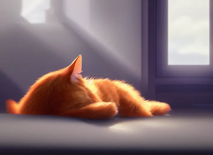 Image similar to a portrait of ginger cat, sleeping on a grey couch, close up, sun - rays, studio ghibli, pixar and disney animation, sharp, rendered in unreal engine 5, anime key art by greg rutkowski, bloom, dramatic lighting