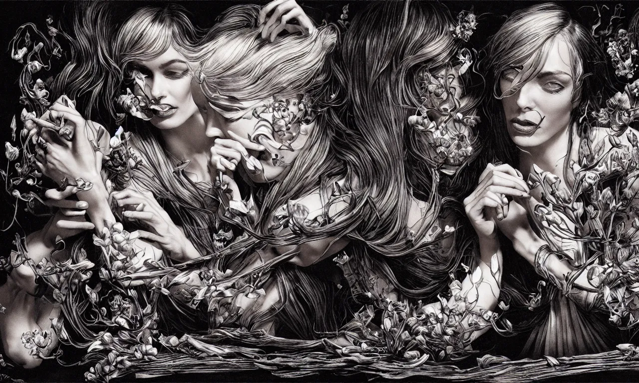 Image similar to fragrance advertising campaign by bernie wrightson, highly detailed