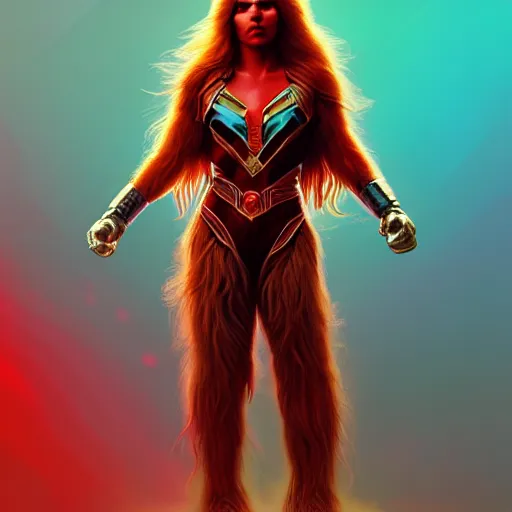 Prompt: beautiful female chewbacca as darna, volumetric lights, red and cyan theme, art nouveau botanicals, intricate, highly detailed, digital painting, artstation, concept art, smooth, sharp focus, cinematic, illustration, beautiful face, art by artgerm and greg rutkowski and alphonse mucha