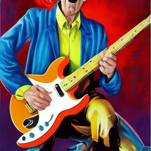 Image similar to Barry Chuckle Shredding on an electric guitar in the style of Jason Edmiston