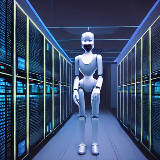 Image similar to hyperrealism stock photo of highly detailed stylish humanoid robot in sci - fi cyberpunk style by gragory crewdson and vincent di fate that working in the highly detailed data center by mike winkelmann and laurie greasley rendered in blender and octane render