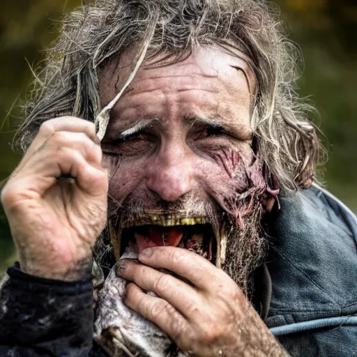 Prompt: A feral and dishevelled doctor in his natural habitat feeding on a rotten carcass. He is in his forties and wearing a dirty worn out doctor\'s coat. 4K, National Geographic photograph