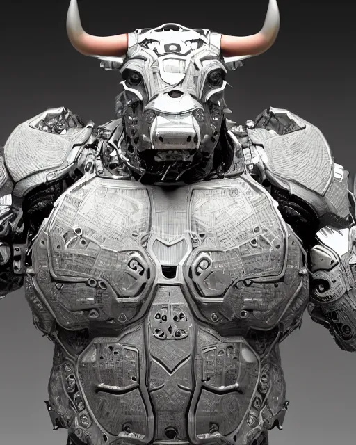 Image similar to a full body shot of a imposing cyborg ( bull ) modeled after a bull with open eyes looking into the camera, intricate pattern, hard rubber chest, highly detailed, android, cyborg, full body shot, intricate, 3 d, symmetrical, octane render, fantasy, highly detailed, digital art, artstation, strong bokeh