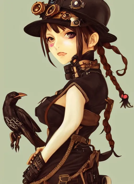 Image similar to steampunk themed anime girl with a steampunk robotic crow on her shoulder, finely detailed, portrait, beautiful, cinematic lighting, made by wlop, artgerm, illustration