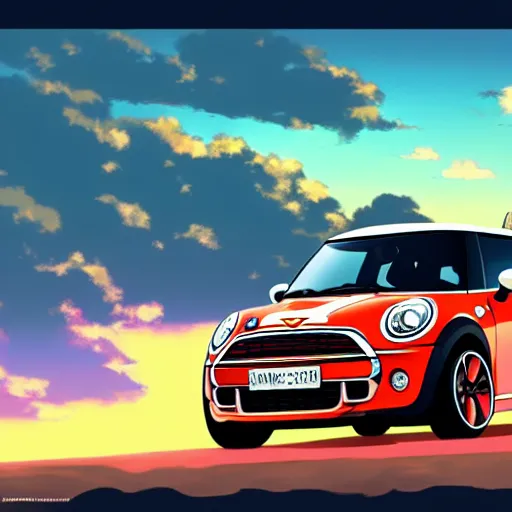 Image similar to anime art vehicle concept art, anime key visual of mini cooper s, at sunset at a beach, trending on pixiv fanbox, studio ghibli, extremely high quality artwork