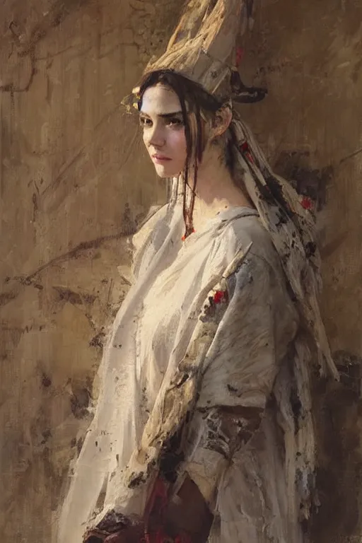 Image similar to Richard Schmid and Jeremy Lipking full length portrait painting of a young beautiful woman priestess in elaborate costume