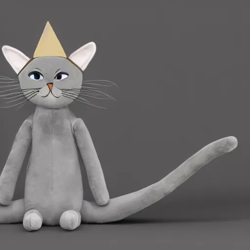 Image similar to gray anthropomorphic, cat female with a whit and chest, wearing a golden crown, big blue eyes, plushy