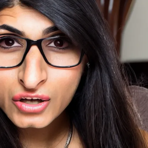 Image similar to a photo of mia khalifa being surprised, 50mm close up photography