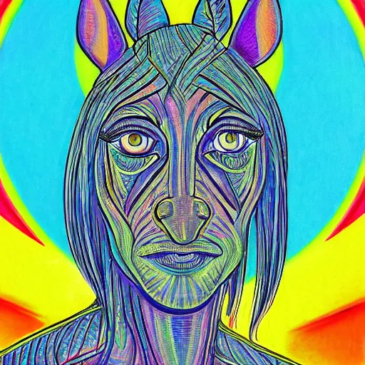 Image similar to a mule in the style of alex grey