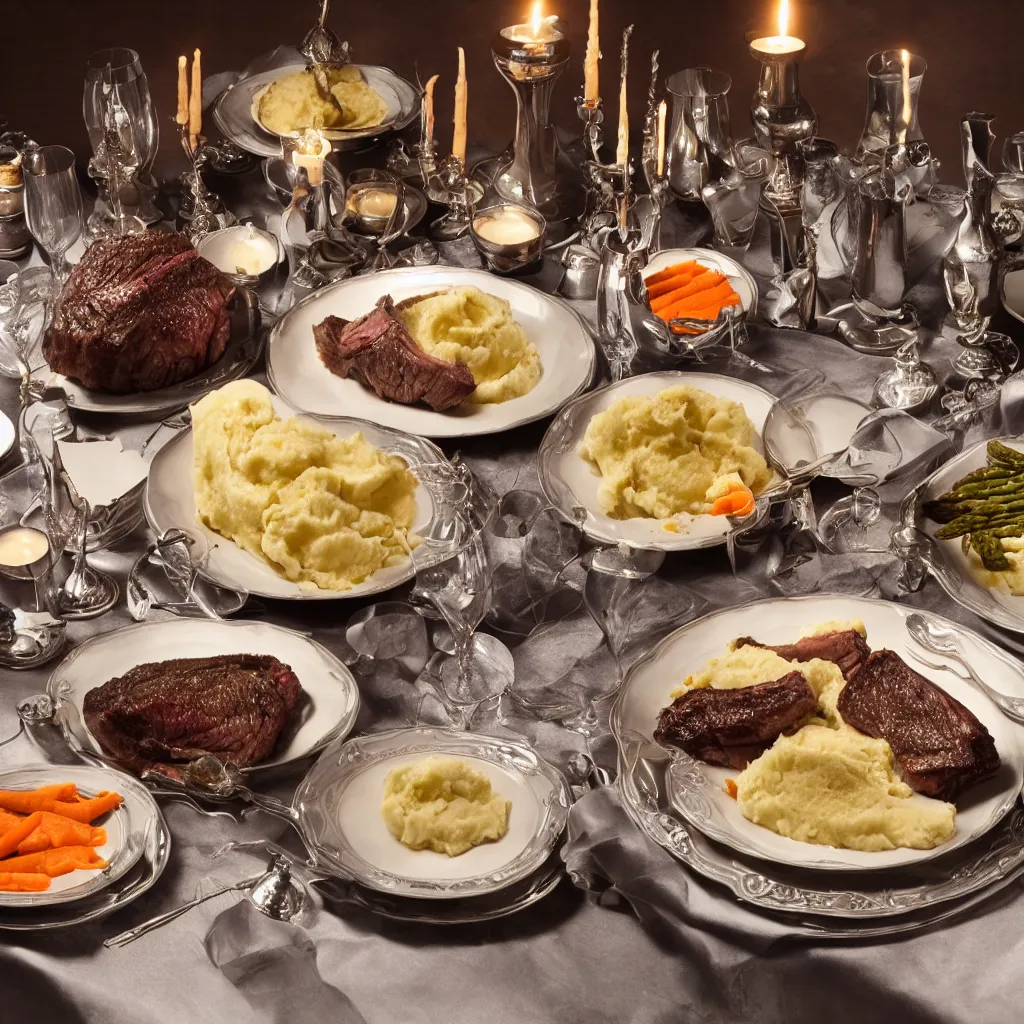 Image similar to product shot of a five - star dinner with prime rib, asparagus, mashed potatoes and gravy, and steamed carrots with blue table cloth and lit candles in ornate silver candlesticks, ultra - realistic, photo realism, professional photograph, extreme detail, deep focus, laser sharp, volumetric lighting, atmospheric, five - star, luxury, elite