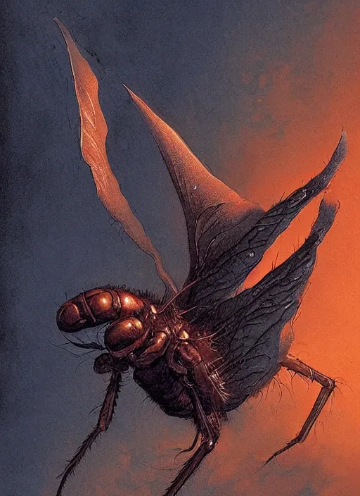 Image similar to giant humanoid fly with long proboscis and wings, against dark background, fluid, smooth, organic, crazy, high contrast, sharpness, dramatic, by greg rutkowski and siudmak and richard corben and moebius