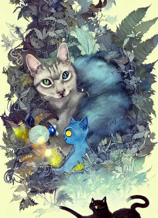 Image similar to a hyper realistic ink cat alien technology and sunbeams blue sky, lush forest foliage painting by chiara bautista and norman rockwell and greg rutkowski weta studio, and lucasfilm