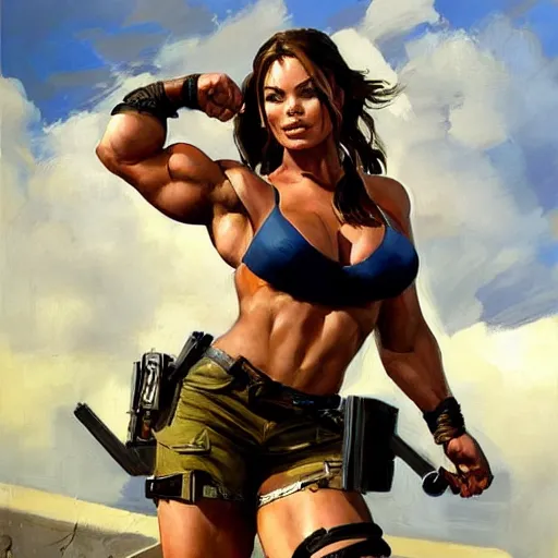 Image similar to greg manchess portrait of margot robbie as thick female bodybuilder lara croft, epic grimdark, fantasy, medium shot, asymmetrical, profile picture, organic painting, sunny day, matte painting, bold shapes, hard edges, street art, trending on artstation, by huang guangjian and gil elvgren and sachin teng