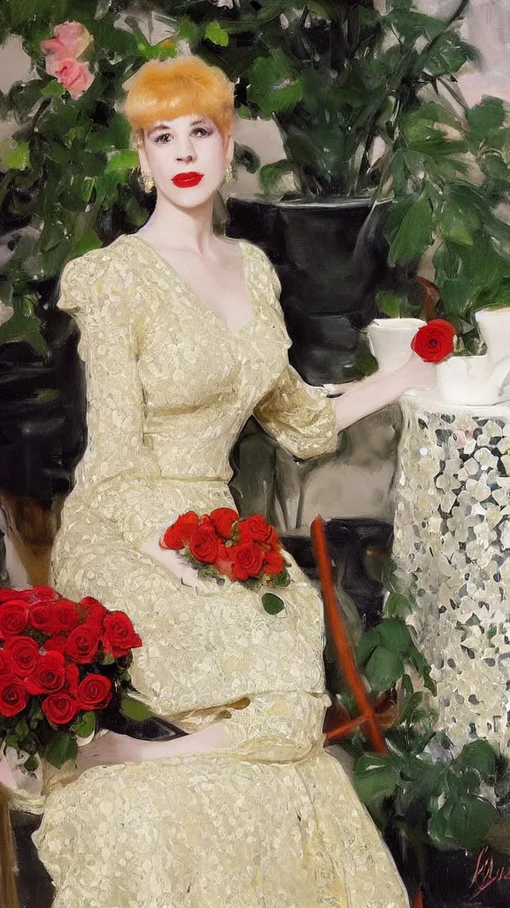 Image similar to beautiful young julee cruise in detailed golden sleeve balloon lace dress beside a pot of red roses set near a persian pot by john singer sargent