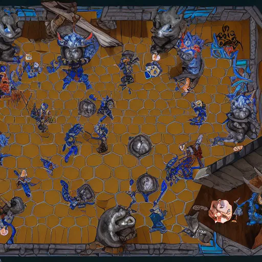 Prompt: A typical Dungeons And Dragons adventuring party, fighting a blue dragon and a highly organized pack of kobolds, except everyone is shrunk to only 2% of their normal height, and the fight is happening on a gridded battlemat on a kitchen table, with normal size pencils and polyhedral dice scattered across the table; 4K image