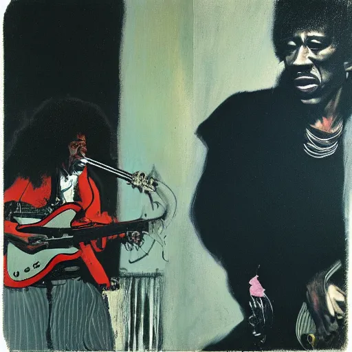 Prompt: Jimy Hendrix playing by Francis Bacon