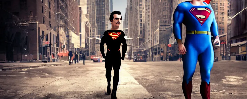 Image similar to nikola tesla in superman costume, walking in new york, hd, realistic, shallow depth of field, daytime, cinematic