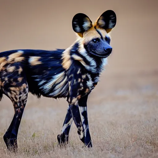 Prompt: An African wild dog wearing a leather jacket.