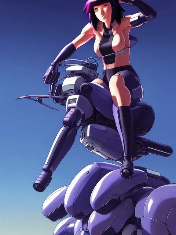 Image similar to a fullbody portrait of motoko kusanagi riding on top of a tachikoma, the major ghost in the shell : : stand alone complex, under repairs, maintenance : : by ilya kuvshinov, rossdraws, artgerm, sola digital arts, anti aliasing, raytracing : :