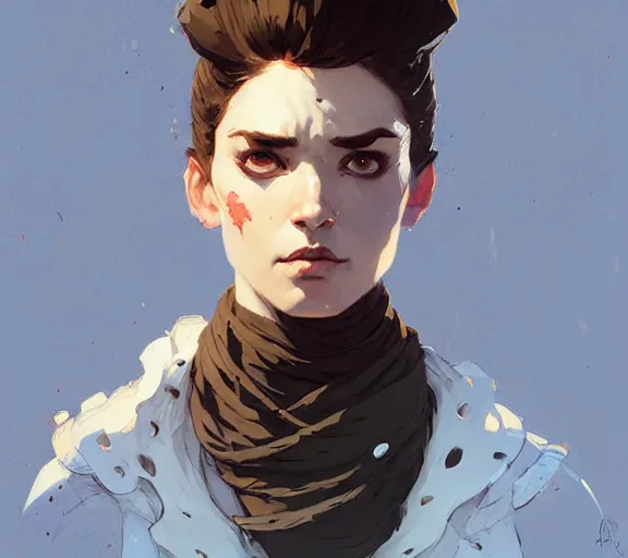 Prompt: portrait victorian era warrior, by atey ghailan, by greg rutkowski, by greg tocchini, by james gilleard, by joe fenton, by kaethe butcher, by ashley wood, dynamic lighting, gradient light blue, brown, blonde cream and white color scheme, grunge aesthetic