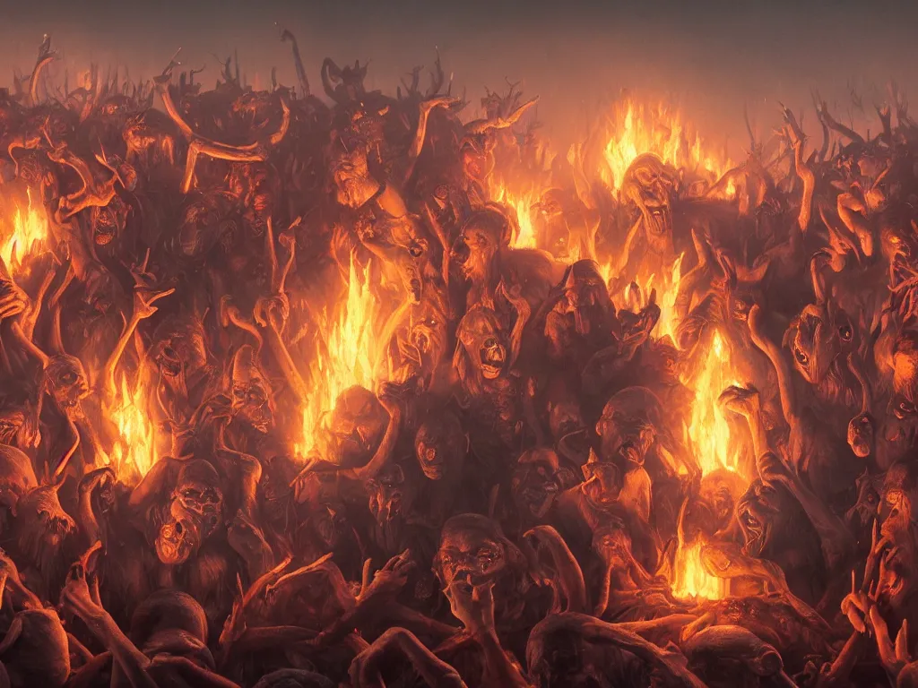 Prompt: oil matte painting, closeup portrait of ugly creepy goblins dancing around a bonfire at ba rave cheering dancing beautiful cinematic light deep focus, elegant, digital painting, smooth, sharp focus, golden ratio, dramatic illumination, ultra realistic, 8 k, art by tim burton directed by chris cunninghasm greg rutkowski wlop rossdraws