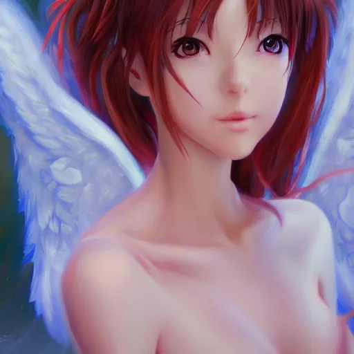 Image similar to an oil painting of a beautiful anime girl with angel wings, by artgerm, hd, hdr, ue 5, ue 6, unreal engine 5, cinematic 4 k wallpaper, 8 k, ultra detailed, high resolution, artstation, award winning