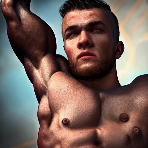 Image similar to a beautiful muscular man, close up portrait, aesthetic, oil painting, pale colors, high detail, 8 k, wide angle, octane render, trending on artstation,