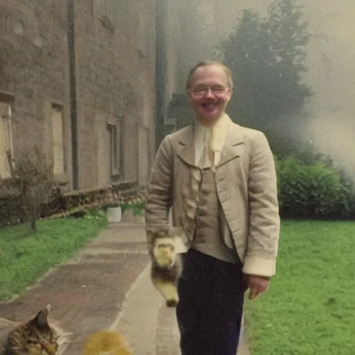 Prompt: an old unclear color-faded photo captured by accident in 1990s about a man has a cat face in hotel clerk uniform walk around in a 18th century style garden and smile to the camera, foggy weather atmosphere, spotlight