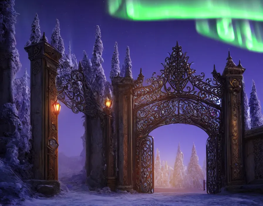 Image similar to a very detailed concept art of intricate and well designed magical gates infused with aurora borealis, dynamic lighting, trending on artstation, path traced, highly detailed, high quality, digital art, 4 k, hyper realistic, octane render, sharp focus