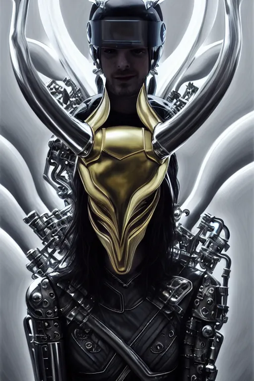 Image similar to chrome futuristic cyborg with curved metal horns, chrome motorcycle parts, full body, Loki horns, diffuse lighting, fantasy, intricate, elegant, highly detailed, lifelike, photorealistic, digital painting, artstation, illustration, concept art, smooth, sharp focus, art by John Collier and Albert Aublet and Krenz Cushart and Artem Demura and Alphonse Mucha