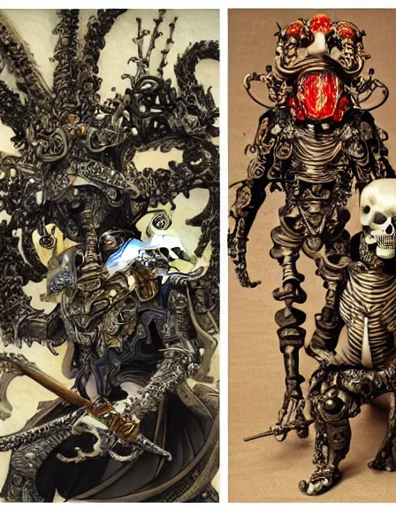 Prompt: still frame from Prometheus by utagawa kuniyoshi , lich king Dr doom in ornate bio cybernetic bone armour and skull mask helmet in bone chapel by Wayne Barlowe by peter Mohrbacher by giger , dressed by Alexander McQueen and by Neri Oxman, metal couture hate couture editorial