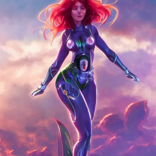 Image similar to ultra realistic illustration, bella thorne as starfire anime, intricate, elegant, highly detailed, digital painting, artstation, concept art, smooth, sharp focus, illustration, art by artgerm and greg rutkowski and alphonse mucha and wlop