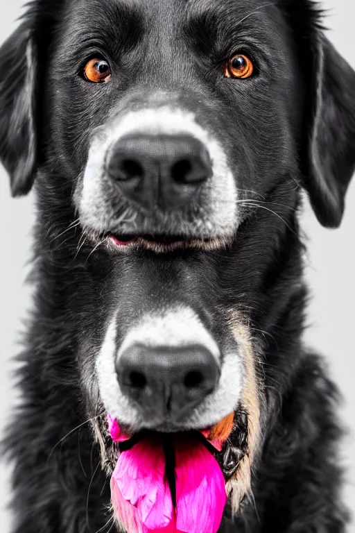 Image similar to black dog holding rose in his mouth, bright green eyes, studio lighting, 4 k, realistic, chromatic abberation, global illumination