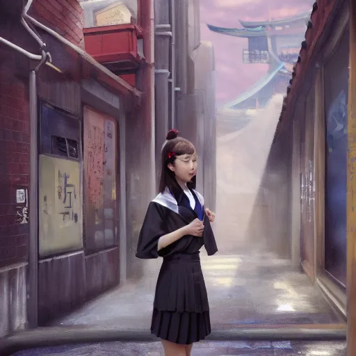 Image similar to a perfect, realistic professional oil painting of a Japanese schoolgirl posing in a dystopian alleyway, style of Marvel, full length, by a professional American senior artist on ArtStation, a high-quality hollywood-style concept